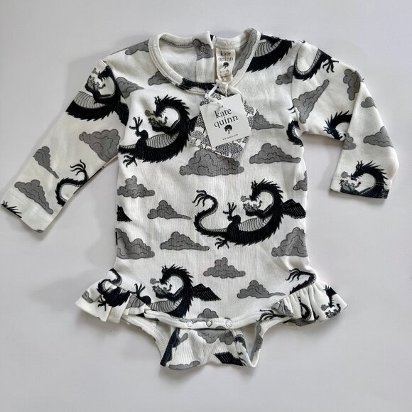 kate quinn Other - Kate Quinn Ruffle Bodysuit | Long Sleeve Dragon Print | Ivory & Black | 6–12M